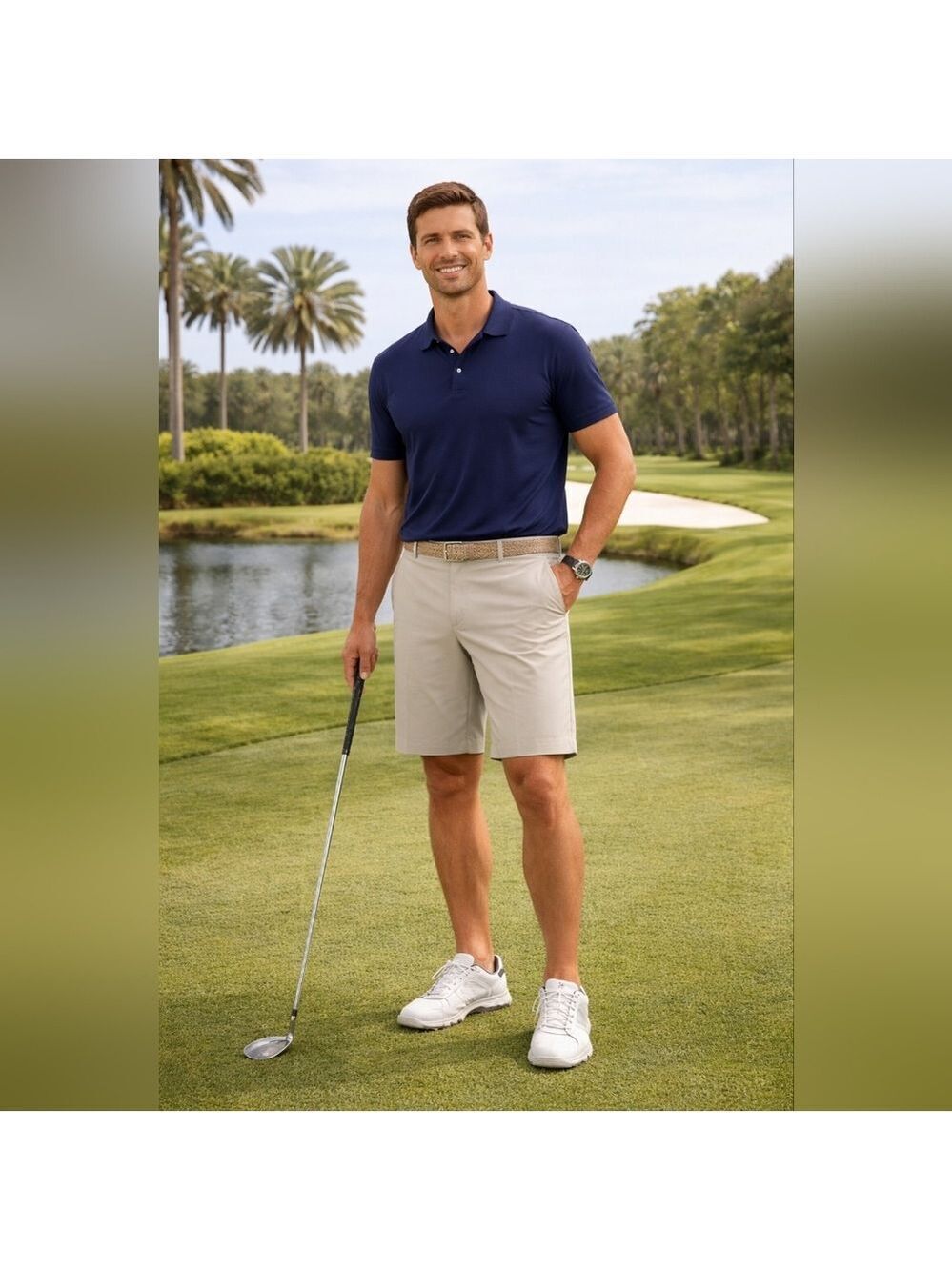 PGA Tour Men’s Golf Shorts Khaki Performance Flat Front Size 42